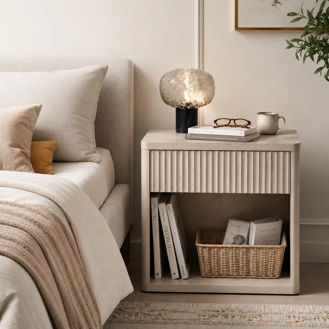 Modern Bedside Nightstand with Drawers & Open Shelves, Rounded Corner Side Table with Cable Management, Minimalist End Table Storage Cabinet for Bedroom, Living Room, Dorm, Lamp, Books, Remote Controls & Daily Essentials