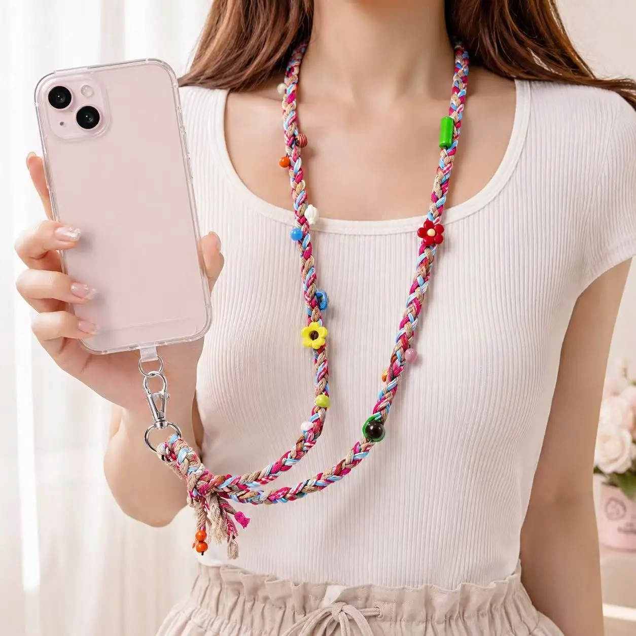 Rainbow Candy Beaded Crossbody Phone Lanyard, Hand-Woven Anti-Lost Phone Strap, Aesthetic Accessory, Phone Charms