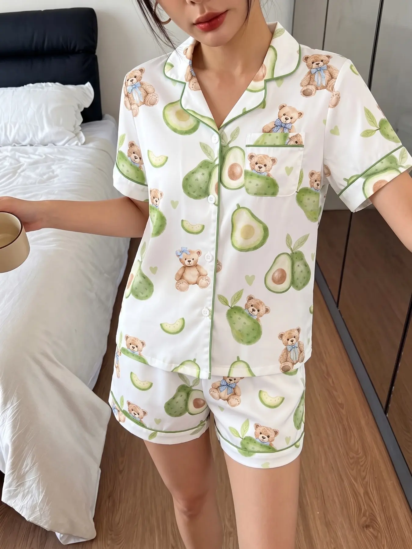 Women's Short Sleeve Pajama Set, Button Closure Top, Elastic Waist Shorts, Bear Avocado Print, Casual Loose-Fitting, All Seasons
