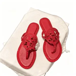 Women's Red Rhinestone Flat Flip Flops - Sparkly Hollow-Out Thong Sandals