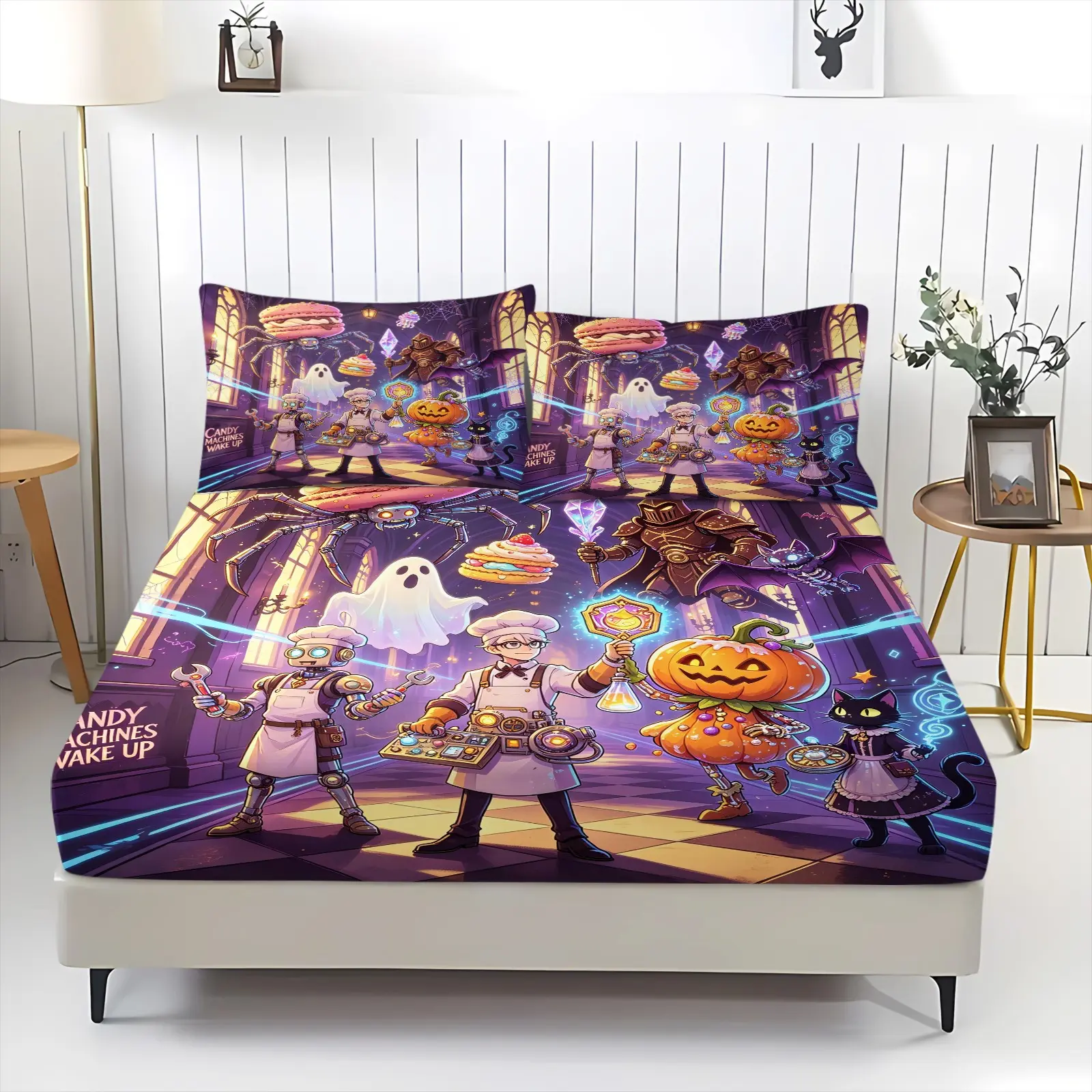3Pcs Multi-Sizes Polyester Fitted Sheet Set - Deep Pocket,Durable,Vibrant Halloween Fantasy Print,Halloween Chef Monsters and Candy Machines Print,Bedroom Decor with Themed Bedding,Guest Room for Seasonal Guests,Great for Halloween Enthusiasts