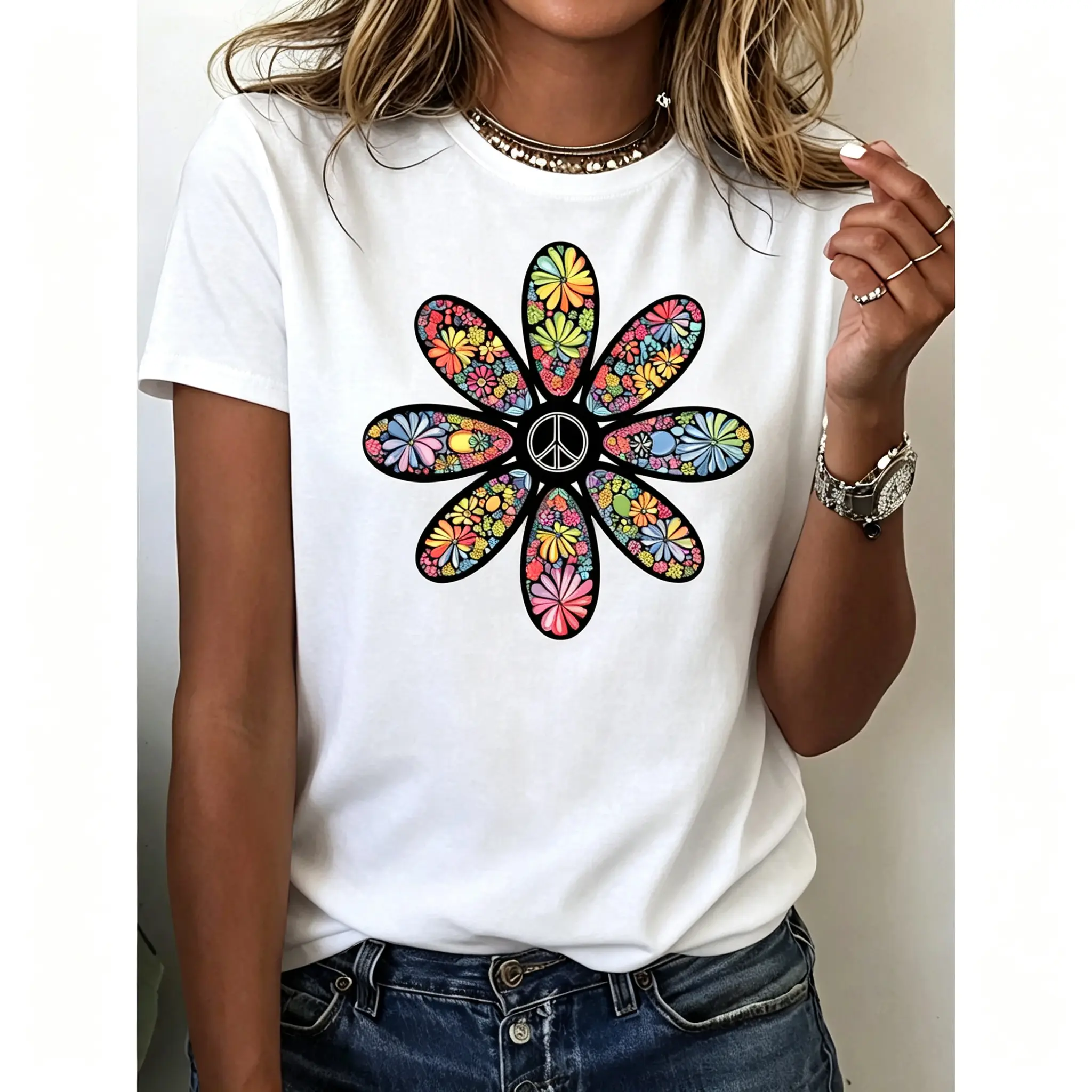Peace Sign Floral Daisy T Shirt Womens Hippie Retro Graphic Tee Colorful Flower Summer Festival Casual