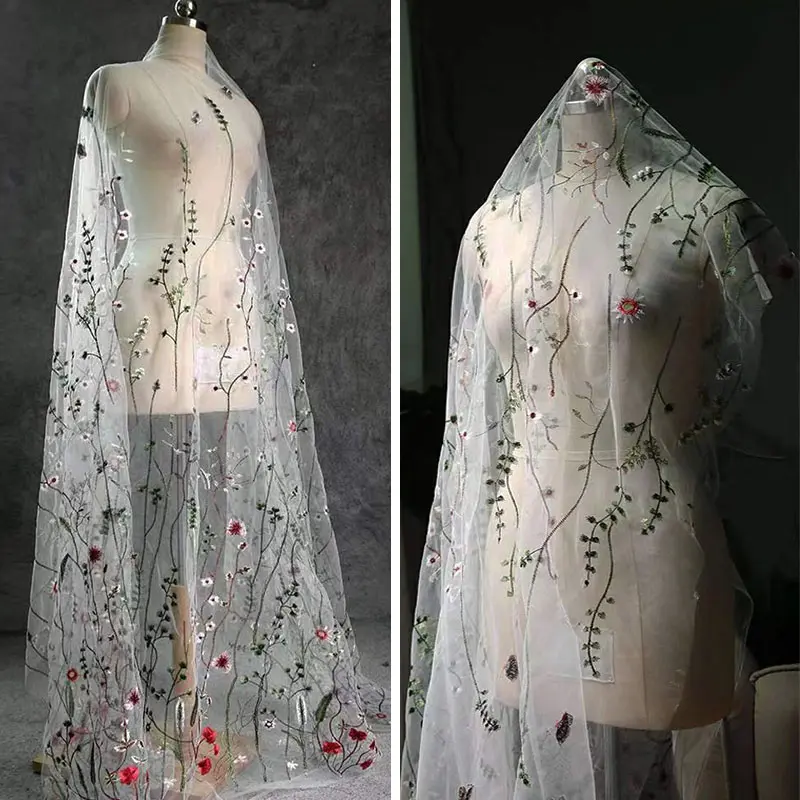 1PC white Sheer Tulle Fabric With Vintage Wild Botanical Flower Embroidery, Sparkly Sequined Gothic Garden Mesh Cloth, DIY Sewing Material For Dark Evening Gown, Goth Cosplay, Photoshoot Backdrop & Formal Party Dress