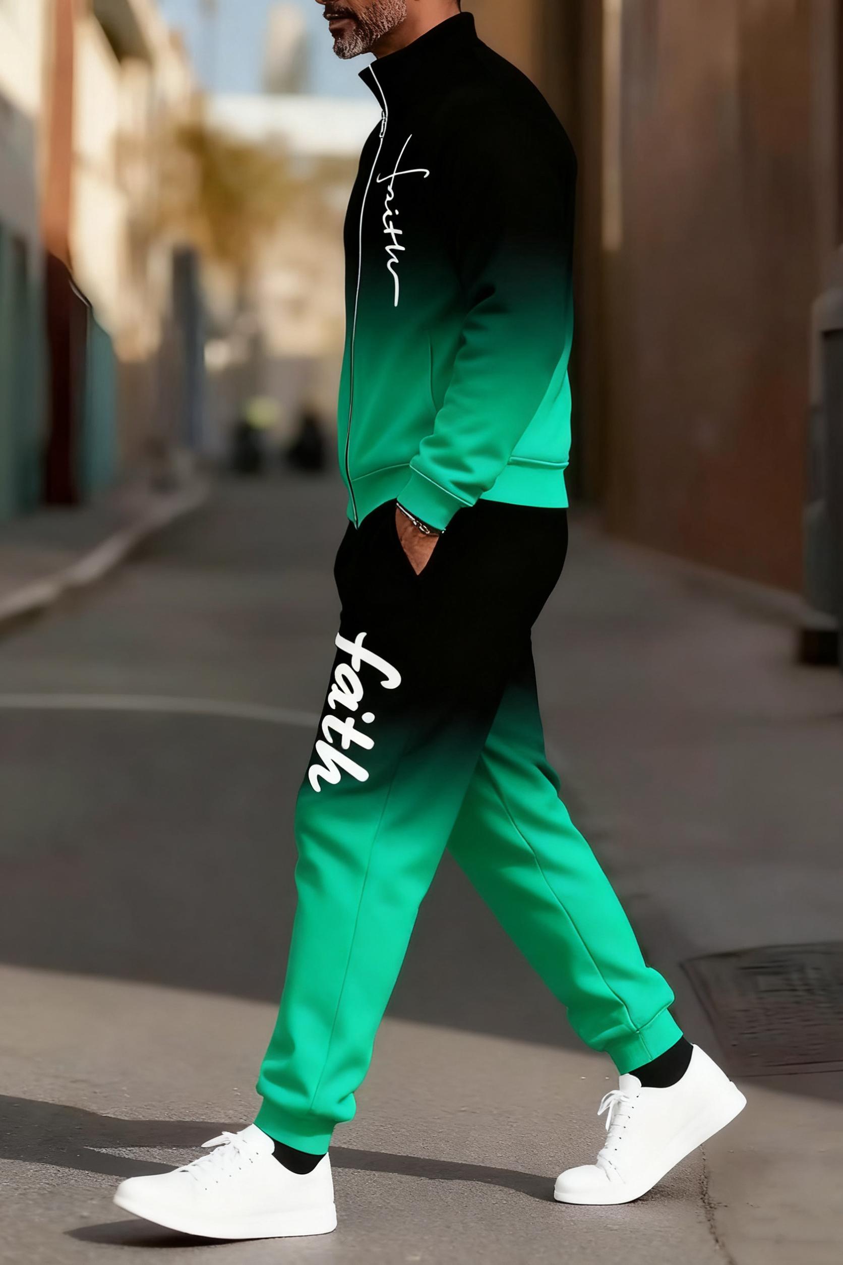 Men's fashionable and casual sportswear featuring a gradient digital print, including a stand-up collar cardigan jacket and pants, making it a two-piece set suitable for daily casual wear and trendy gradient sportswear series, Sporty Style Breathable Acti