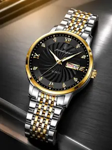 Business Men's Quartz Watch  Case  Dial  Roman Numerals  Calendar Display  Stainless Steel Strap  Waterproof  Gift Idea