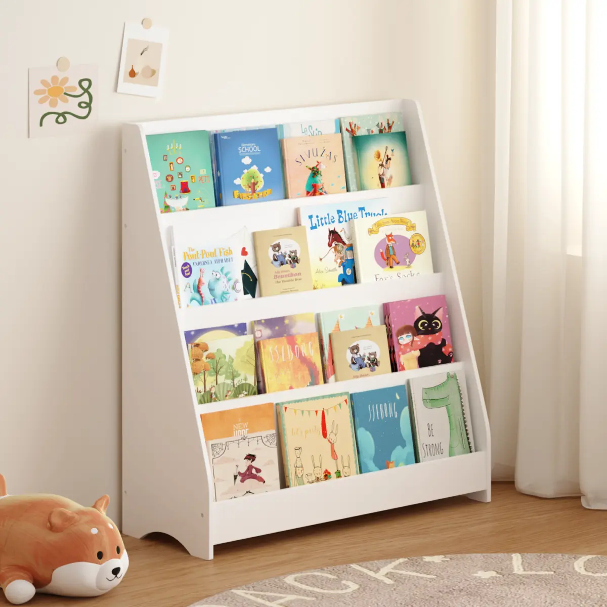 Kids' 4-Tier Open Particle Wood Bookshelf Book Rack - Sturdy Floor Single Unit, Triangular Anti-Tip Support, Rounded Corners - Assembly Required Toy Storage Organizer for Playroom, Nursery
