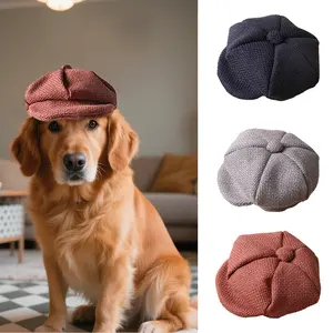 Pet Vintage Linen Beret Hat - Adjustable Buckle, Sun-Protective Fashion Accessory for Dogs & Cats, S