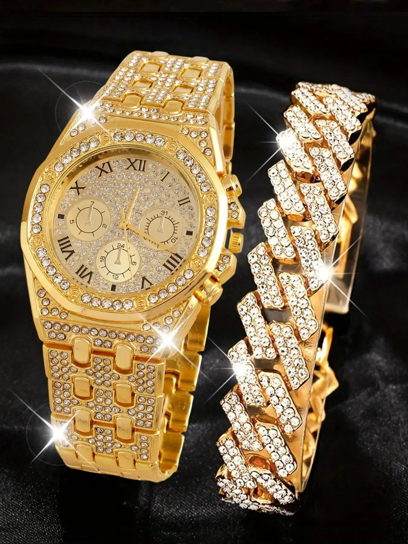 2 Piece Set Luxury Rhinestone Watch and Bracelet Combo, Fashionable Watch, fashionable wristwatch set, Hip Hop Fashion Jewelry, Unisex Gift for Holidays and Birthdays
