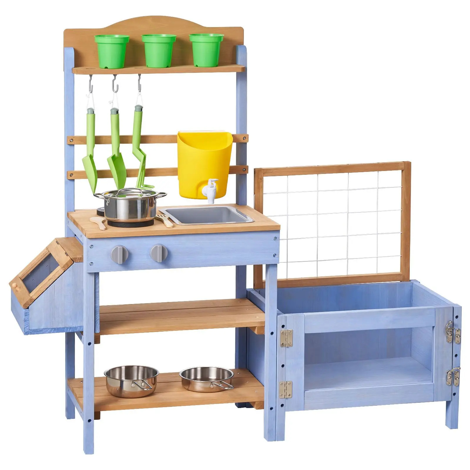 Mud Kitchen, Outdoor Mud Kitchen for Kids, Wood Outdoor Play Kitchens with Planting Box, Critter Catcher Container, Tank, Sink, Cookware Pots and Accessories, Wooden Play Kitchens for Lawn, Yard