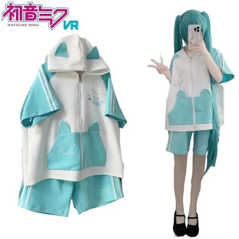 Hatsune Miku Cat Ears Cartoon Hood 2-Piece Casual Wear Set - Short Sleeve Hooded Top, Drawstrings Shorts, Girls' Holiday Gift