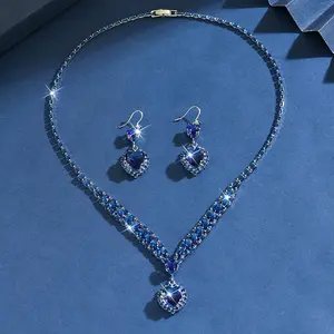Fashionable and luxurious heavy-duty dark blue zircon set, heart-shaped pendant necklace and earrings two-piece set, high-end accessories H80011-TZ