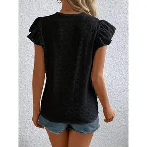 Knitted hollow shoulder short sleeved T-shirt for women summer new style slim fit  simple and unique showing a slimming temp