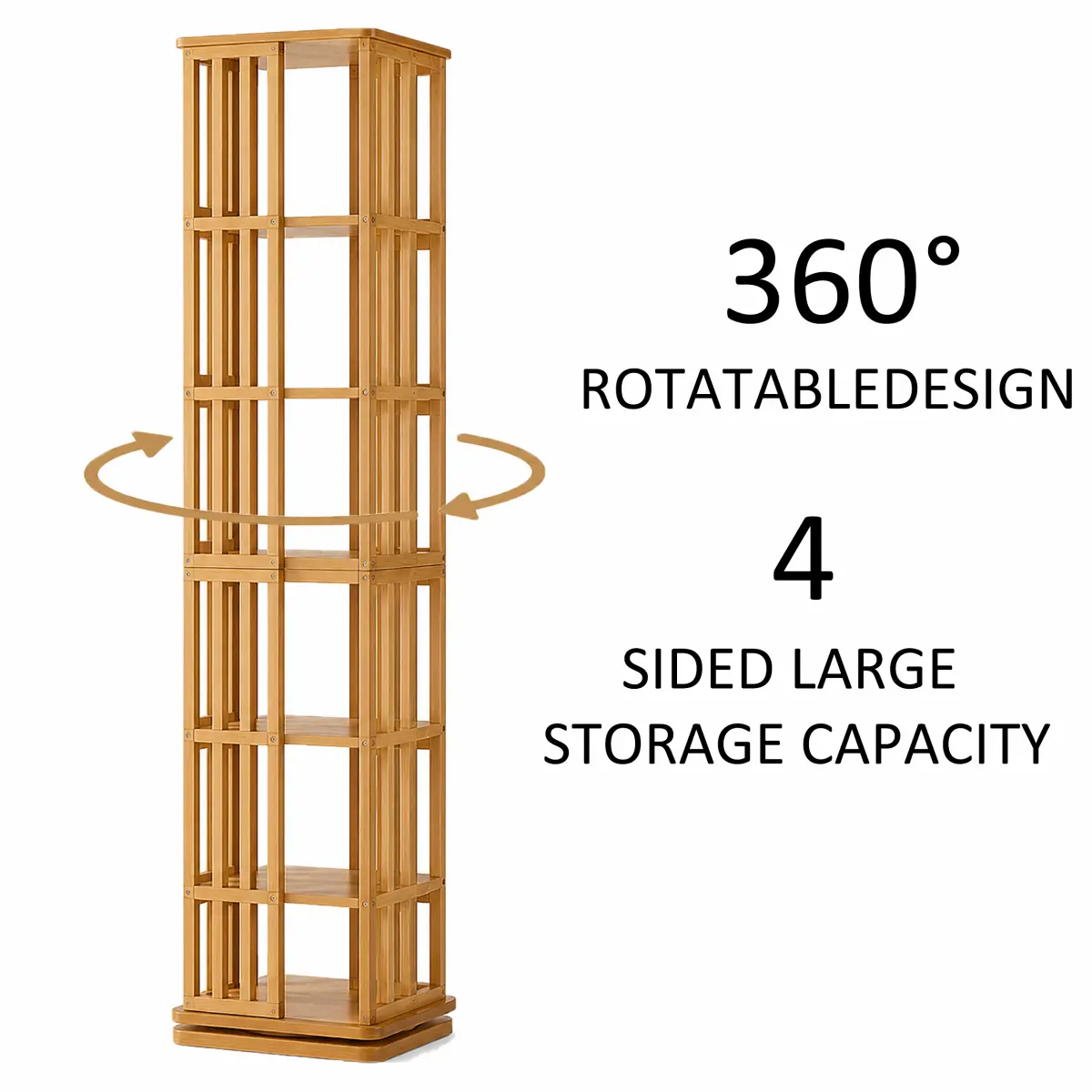 Brown Bamboo 360° Smooth Rotating 6-Tier Narrow Tower Bookshelf, 14.6"x14.6"x70" Space-Saving Vertical Floor Standing Storage Rack, Effortless Access to Books Organizer for Home Living Rooms, Office & Kids