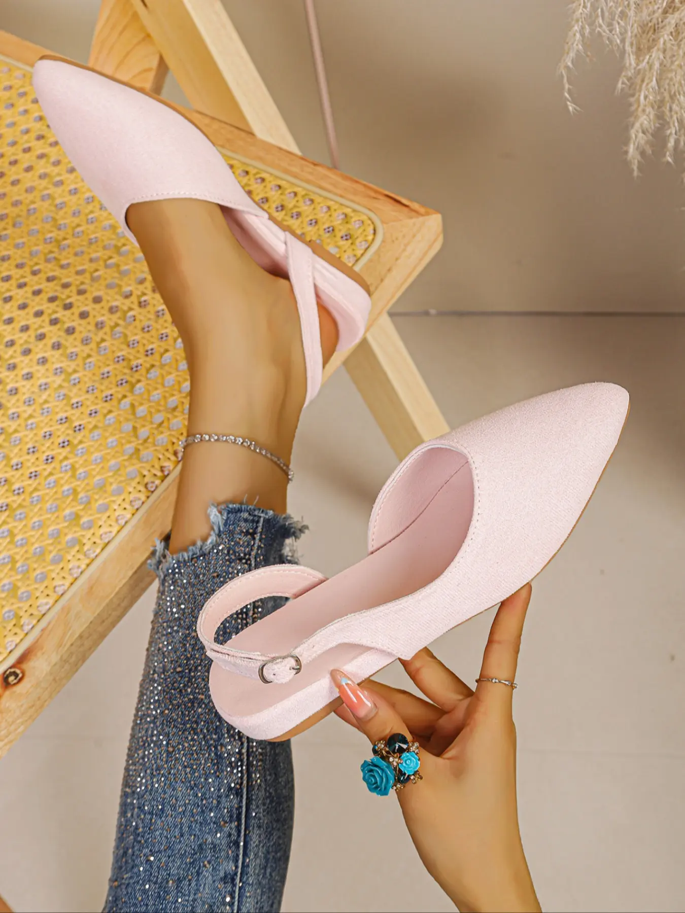 Women's Suede Pointed Toe Adjustable Buckle Slingback Flat Pumps, Thin Back Strap Slip On Mules, All-Season Soft Cushioned Insole Daily Footwear, Lightweight Outdoor Office Shopping Walking Flats, Casual Wedding Date Bridal Dress Shoes, Stylish Sweet Mini