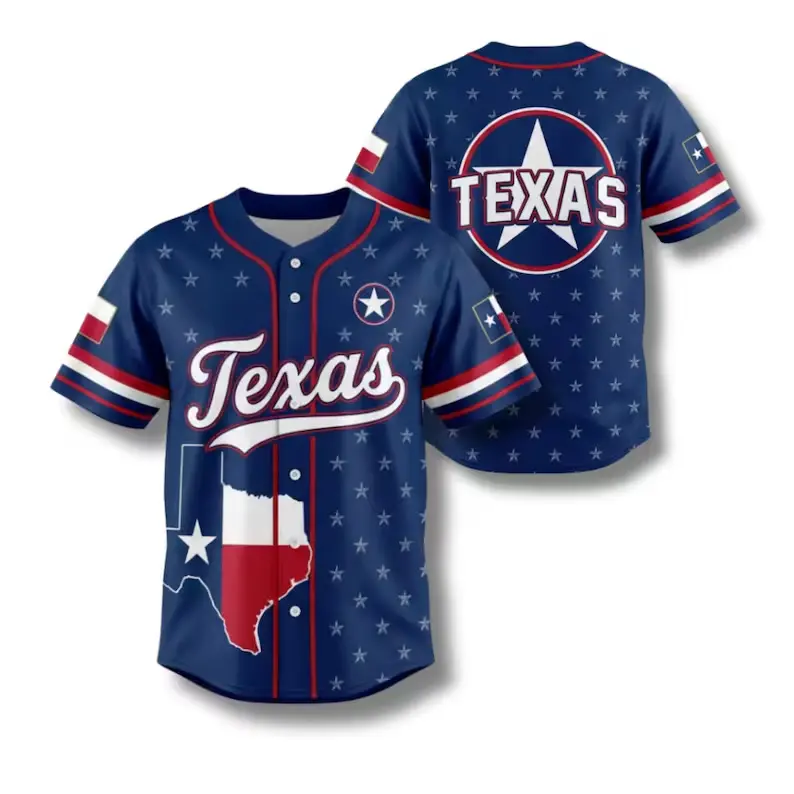 Retro baseball jersey style T-shirt, featuring a map pattern of the Texas star. Suitable for summer casual wear. A great gift for sports enthusiasts.Texas Baseball Jersey
