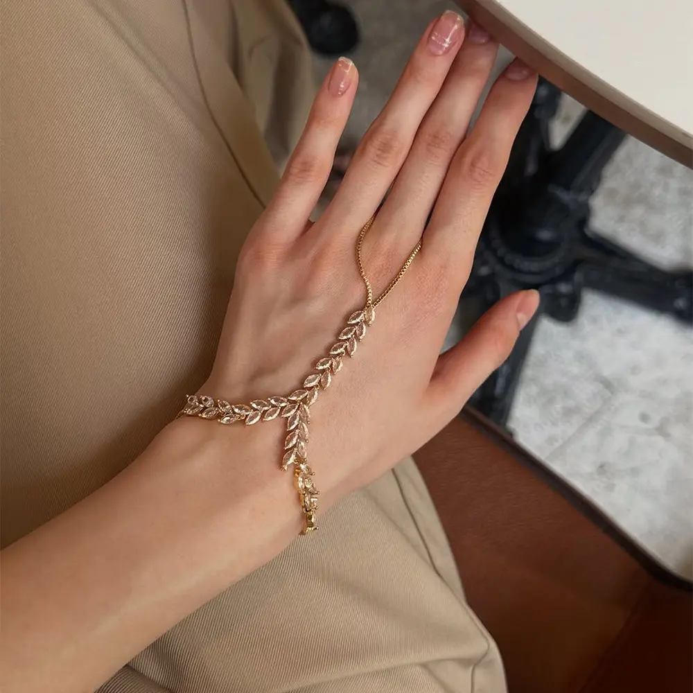 Women's Hand Chain Finger Bracelet, Elegant Geometric Jewelry with Pave Rhinestones and Leaf Zirconia Accent Ring, Personalized Accessory, T1, T2