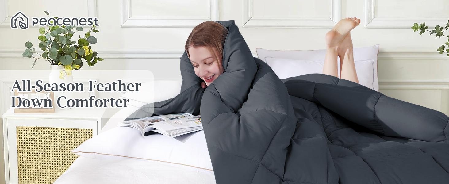 Queen Size Goose Feather Fiber and Down Comforter Duvet Insert All Season Hotel Luxury Bedding Comforters Soft Medium Warmth 88x88 Inches Dark Grey