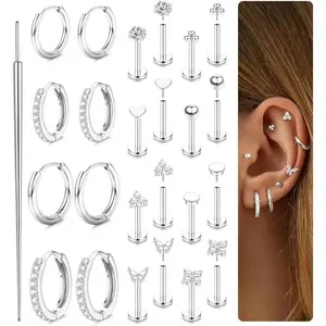 Female 25-Piece Stainless Steel Body Jewelry Set, Minimalist Ins Style Dainty Ear Studs-Cartilage Earrings, Hypoallergenic Non-Tarnish Casual Daily Fashion Piercing Jewelry