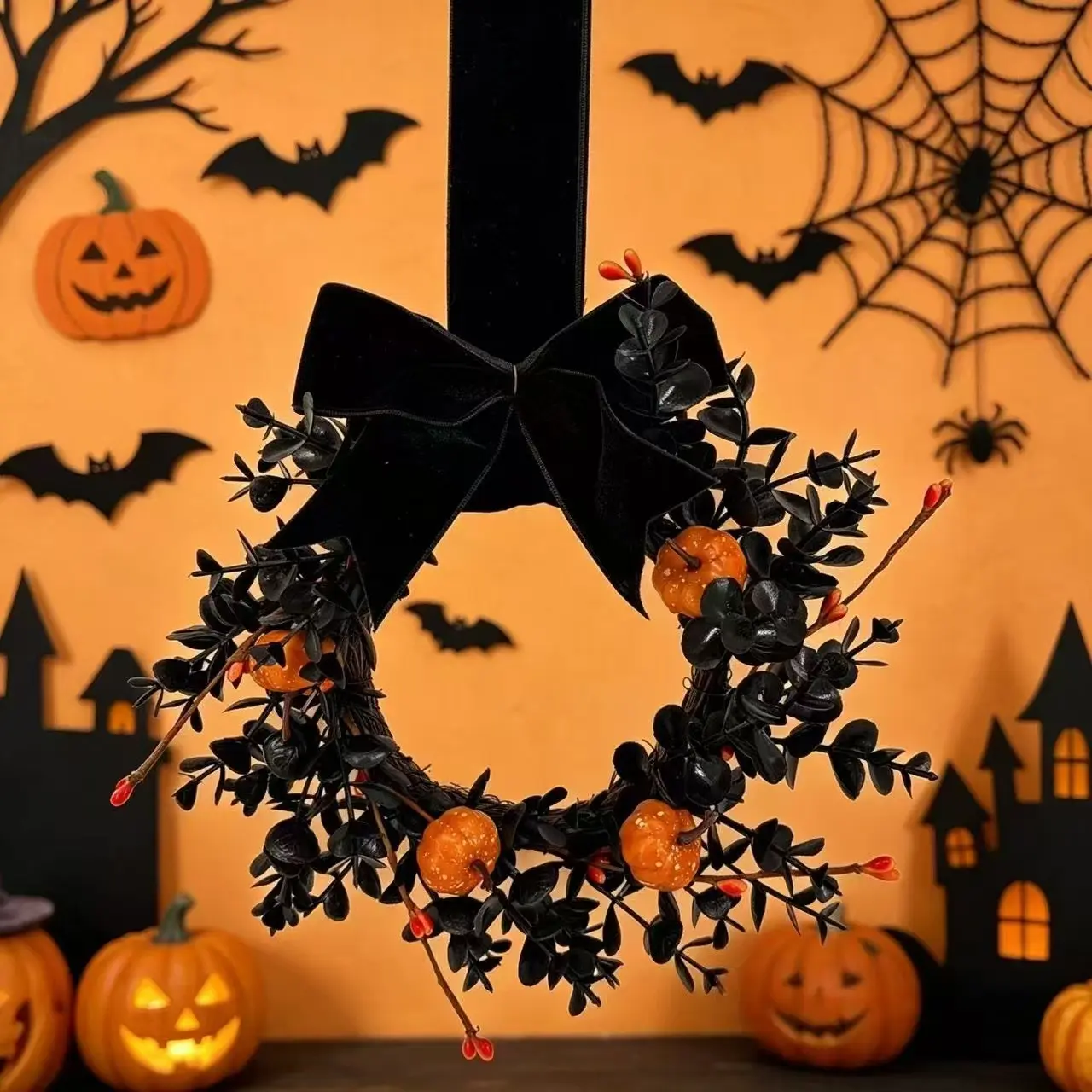 Halloween Pumpkin Berry Bow Wreath, Autumn Harvest Fruit Pumpkin Door Hanging Wreath, Halloween Decoration Bow Berry Pumpkin Wreath, 4 Pack