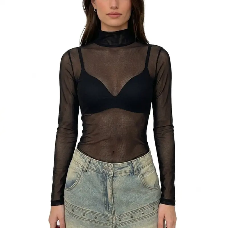 Women's Mock Neck Lightweight Comfortable Polyester Sheer Mesh Blouse with Subtle Shimmer - Ideal for Cocktail Parties, Evening Events (Also Listed as Women's Shirts), Blouses