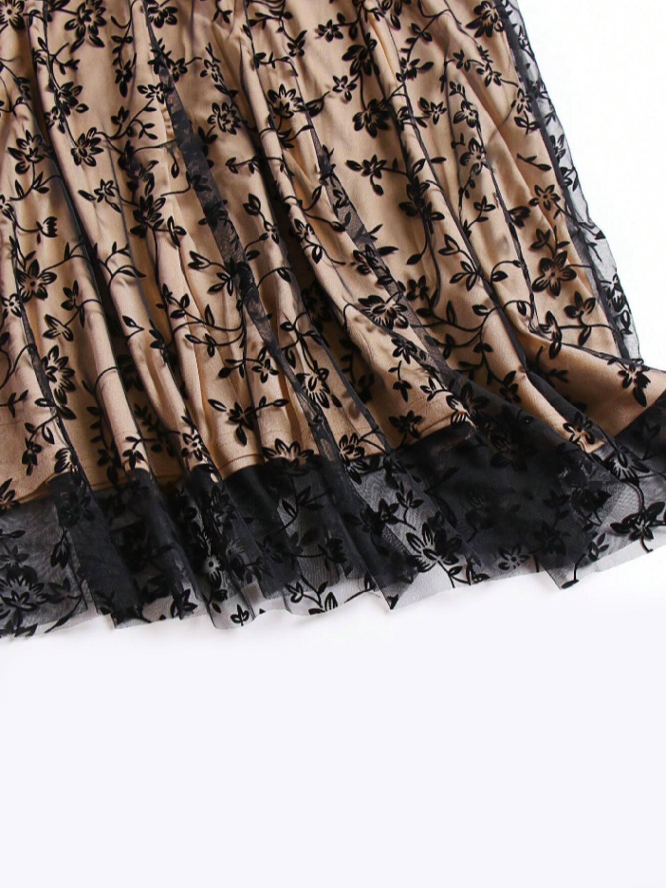 Women's Floral Embroidery Contrast Mesh A Line Skirt, Elegant High Waist Midi Skirt for Party Holiday Wedding Guest, Ladies Bottoms for All Seasons