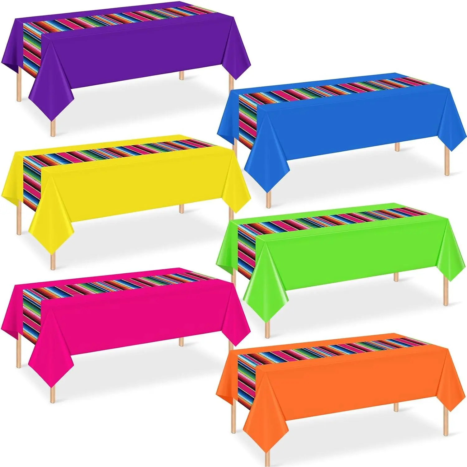 6 count Mexican Fiesta Plastic Tablecloth, Rectangle Disposable Table Cloth Striped Table Cover for Cinco De Mayo Taco Night Fiesta Party Decoration, Mexican Wedding Birthday  Decor, 108 x 54 Inch