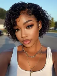 Curly Deep Wave Pixie Cut Human Hair Wig for Black Women Short Pixie Bob Style Wig Glueless Wear and Go Natural Black Side Part Soft Volume Beginner Friendly