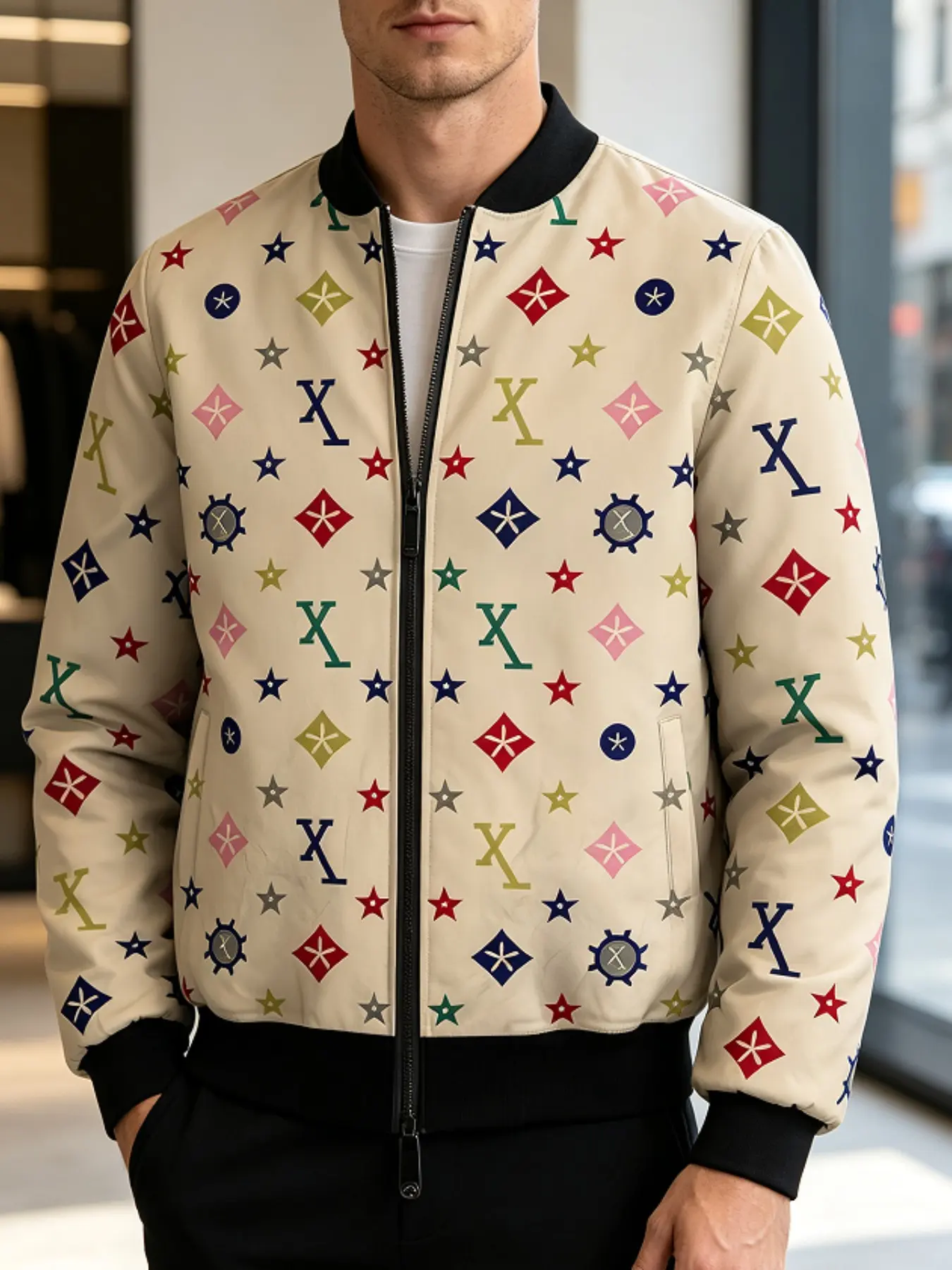 Men's Zipper Jacket, Multicolor Geometric Star Rhombus Print, Stand Collar Casual Lightweight Streetwear, Urban Daily Wear