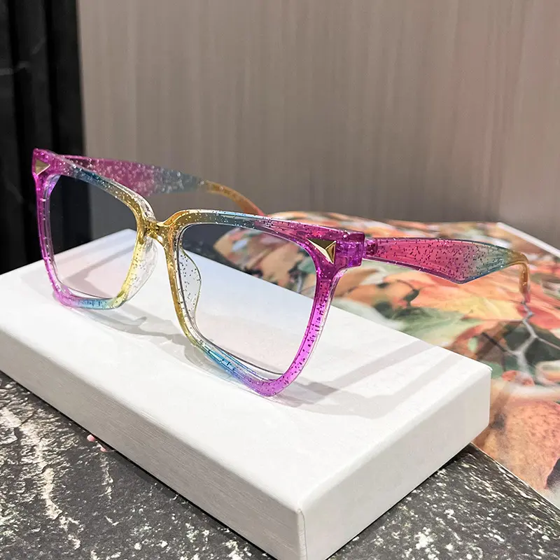 Women's New Rainbow Glitter Cat Eye Sunglasses - Metal Triangle Stud Decoration, Gradient Lens, UV Protection, European Trend Frame, Mirror-Like, Mod, Square-Tinted for Outdoor Daily Wear, Frame Women's Sunglasses, Mirror-Like Women's Sunglasses
