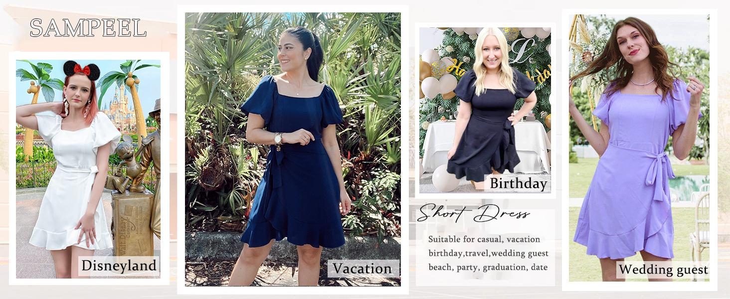 OFEEFAN Womens Summer Dresses Square Neck Puff Sleeve Tie Waist Short Dress SpringStatements