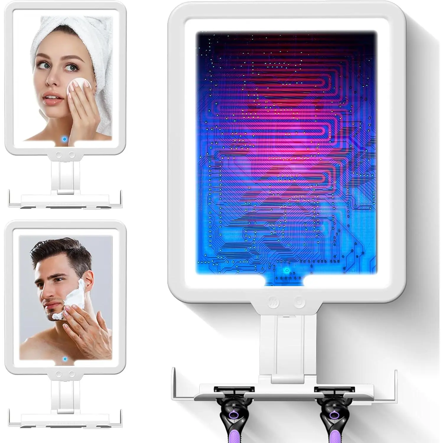 Heated Shower Mirror Fogless for Shaving, 3 Color Dimming Shower Shaving Mirror, 9.5 * 8inch Anti-Fog Shower Mirror with Lights, Wall-Mounted Large Shaving Mirror with Razor Holder