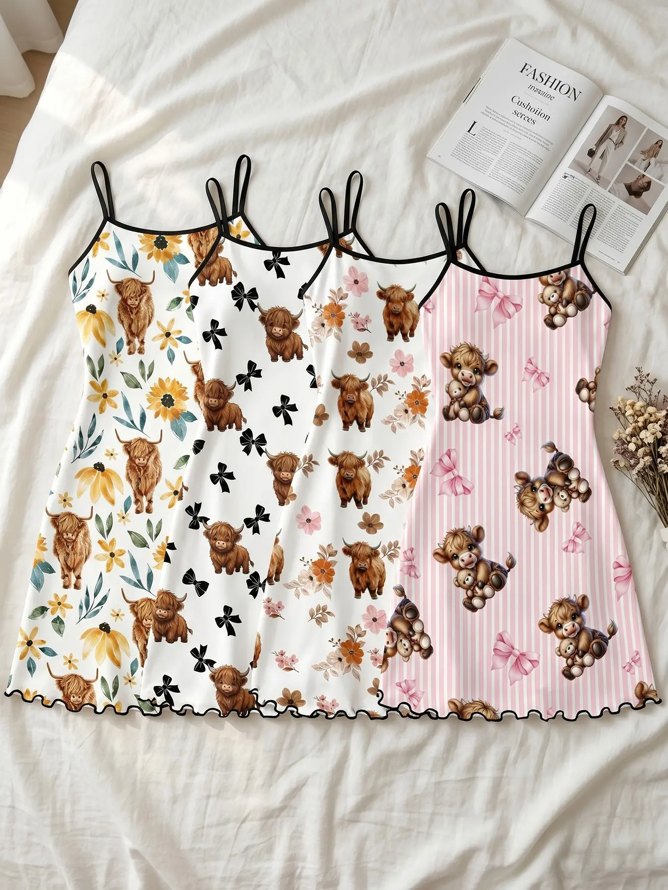 Women's 4 Pack Cami Nightgown Set, All Seasons Wearable, Highland Cow Sunflower Bow Floral Print, Wavy Ruffle Hem, Country Healing Style, Loose Fit for Loungewear & Casual Photos