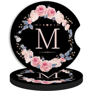 2 count Letter M  Coasters,Absorbent  neoprener Cup Holder Coasters with a Finger Notch, Accessories for Women&Man Interior,2.75"