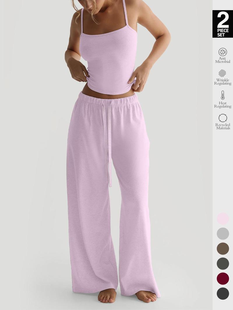 Women's Fall 2-Piece Set, Athleisure Wear Set, Sleeveless Top & Wide-Leg Pants, Casual Comfortable Sportswear with Pockets, All Seasons Fitted