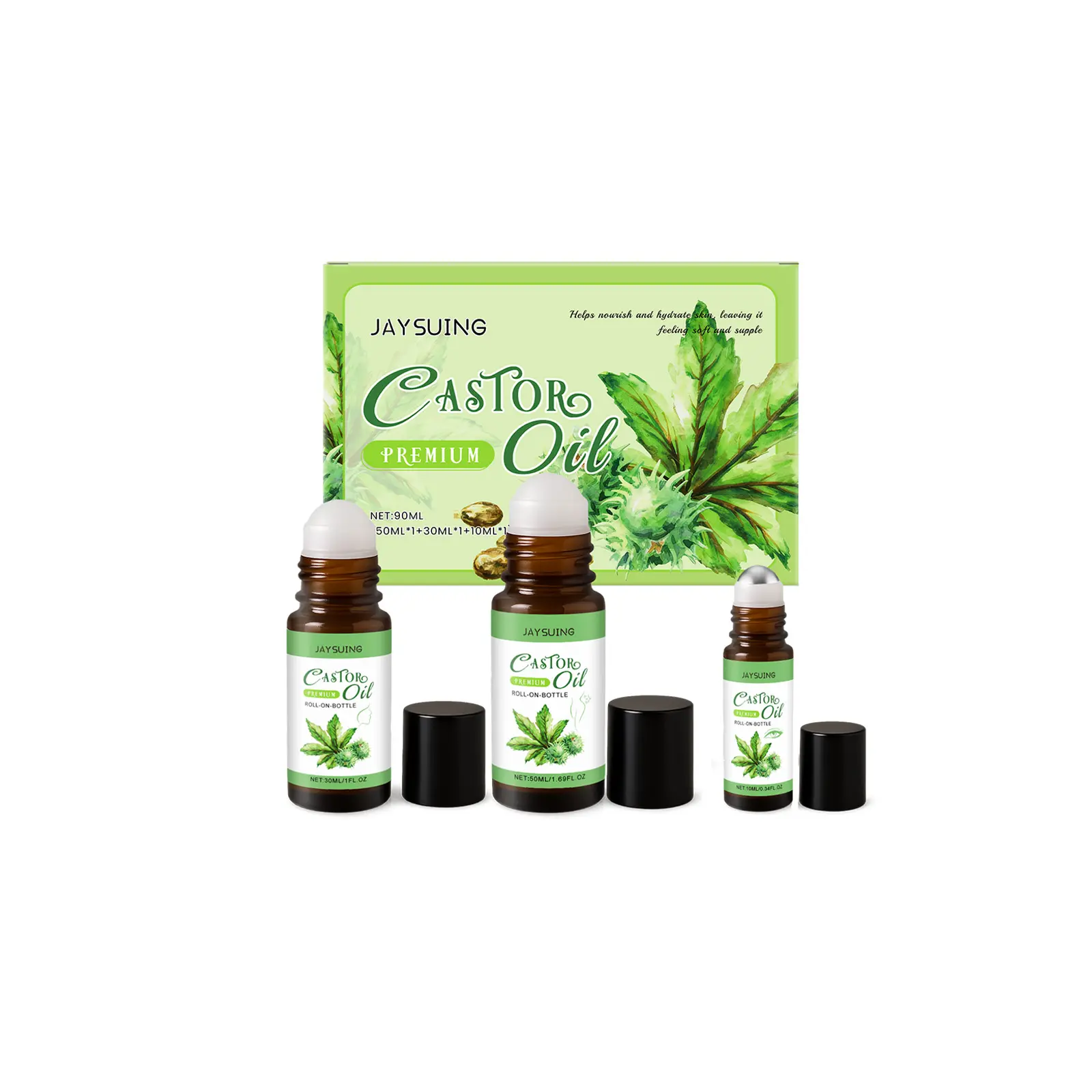 Jaysuing Castor Oil Care Rollerball Set - Convenient Rollers, Gentle Nourishing Massage Oil, Multi-Size Options, Moisturizing, Ideal for Dry Skin Application, Apply Dry Skin