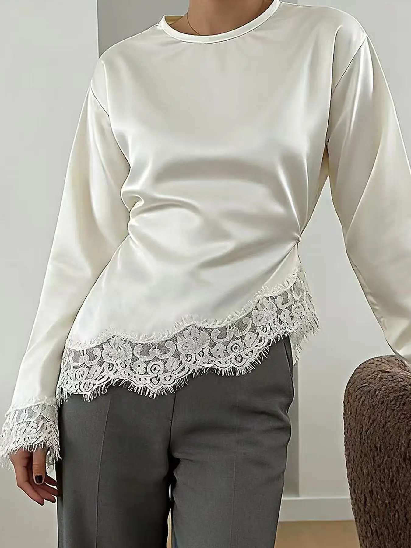 Women's Four-Season Lightweight Chiffon Top, Lace Trimmed Sleeves and Hem, Belted Waist, Office Wear, Date Night, Party Innerwear