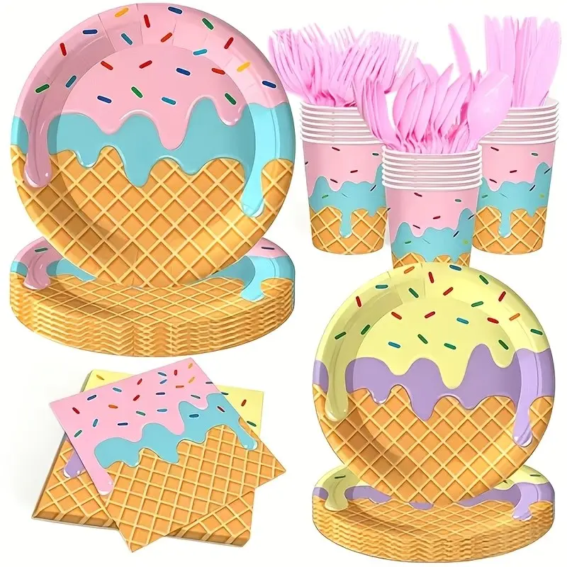 175pcs Summer Lce Cream Party Supplies Kit, Ice Cream Party Decorations Ice Cream Themefor Sweet Summer Birthday Party Supplies Lncludesice Cream Themed Plates Cups NapkinsCutlery, For Shower, Ice Cream Birthday Party Decorations, Serve 25