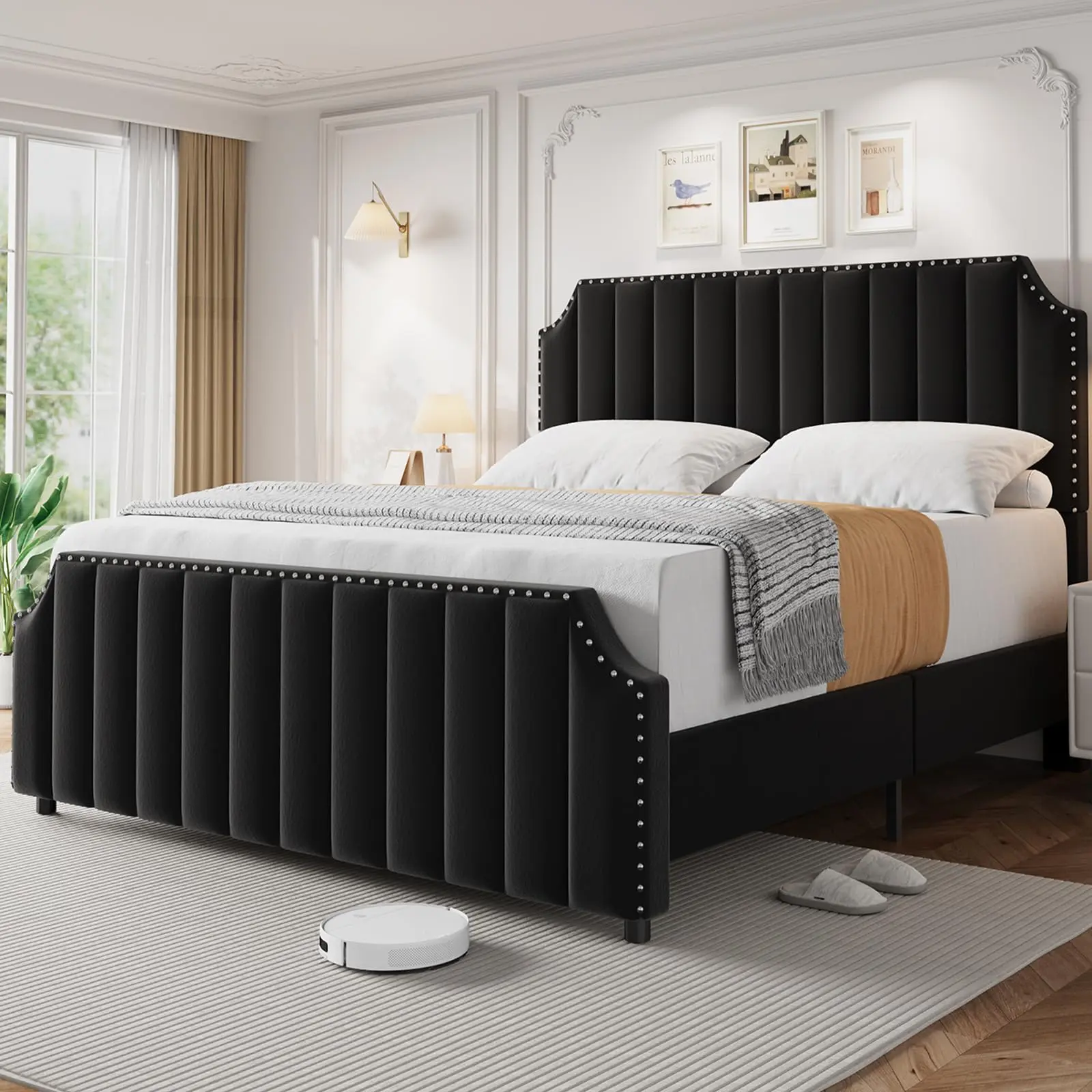 Garvee Queen Size Velvet Bed Frame, 50.2" Tall Headboard & Footboard, Upholstered Platform Queen Bed Frame with Nailhead Trim, No Box Spring Needed, Noise Free, Solid Wooden Slats, Black