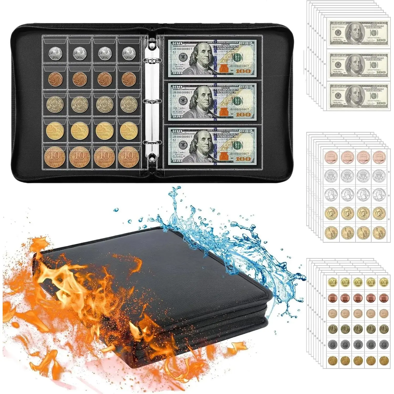 Fireproof Coin Collection Album for Collectors, 300 Pockets Coins Collecting Album & 36 Sleeves Money Storage Case for Coin Currency Collection, Bill, Pennies, Quarters, Stamp