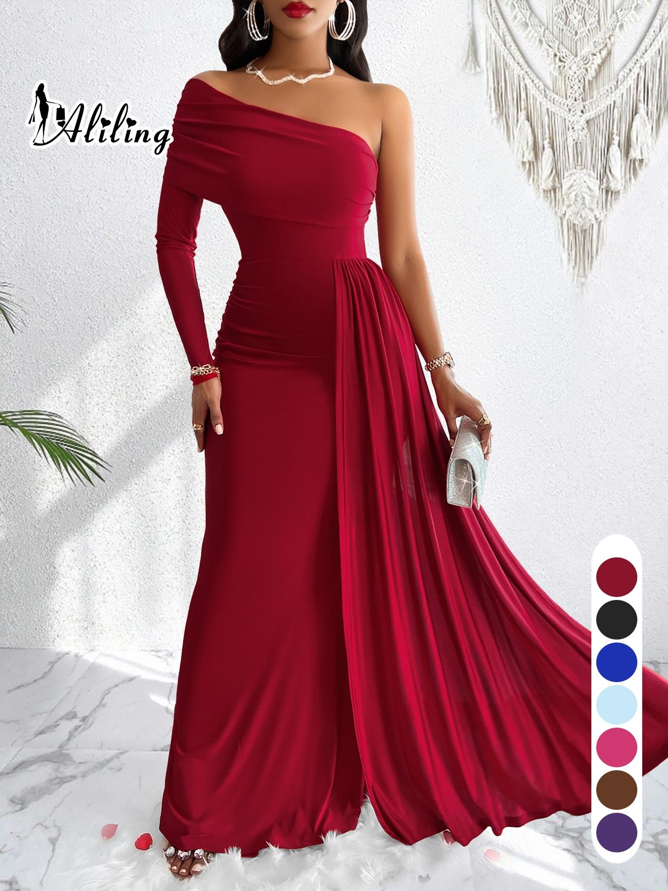 Aliling Women's Elegant Christmas Evening Dress, Asymmetrical One-Shoulder Maxi Gown, High-Waisted Ruched Long Dress, Formal Wear