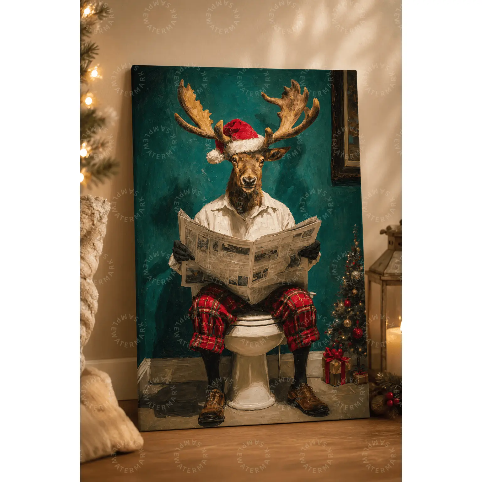 Funny Christmas Moose On Toilet Reading Newspaper Aesthetic Poster, Quirky Humorous Bathroom Wall Art, Living Room Bedroom Office Wall Decor, Teen Room Decor, Festive Holiday Fine Art Print, Home Decor Gift