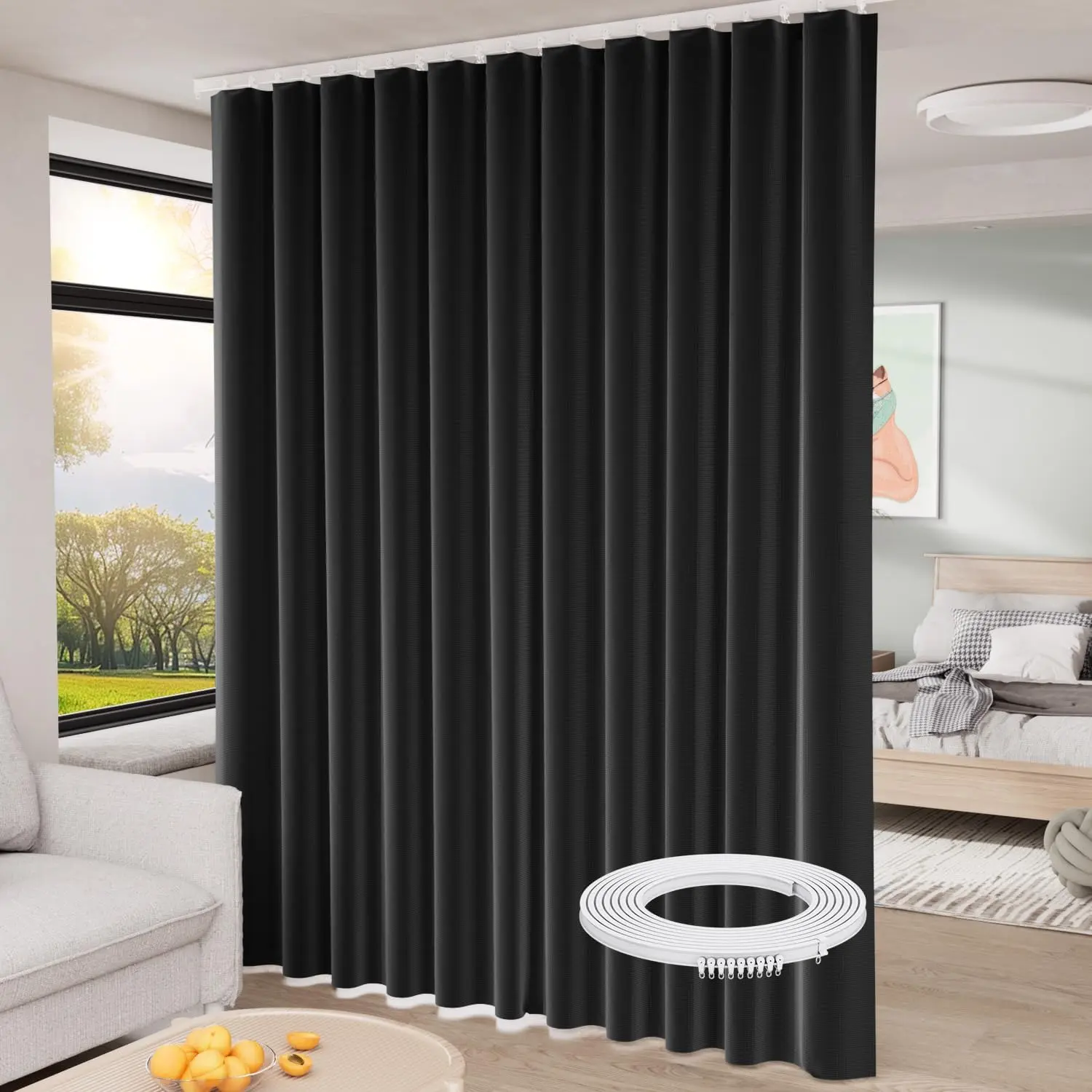 Room Divider Curtains with Ceiling Track, 100% Blackout 108 inch Long for Room Partition, Extra Wide Silding Privacy Curtain Panel for Bedroom, Living Room Soundproof Room Separation