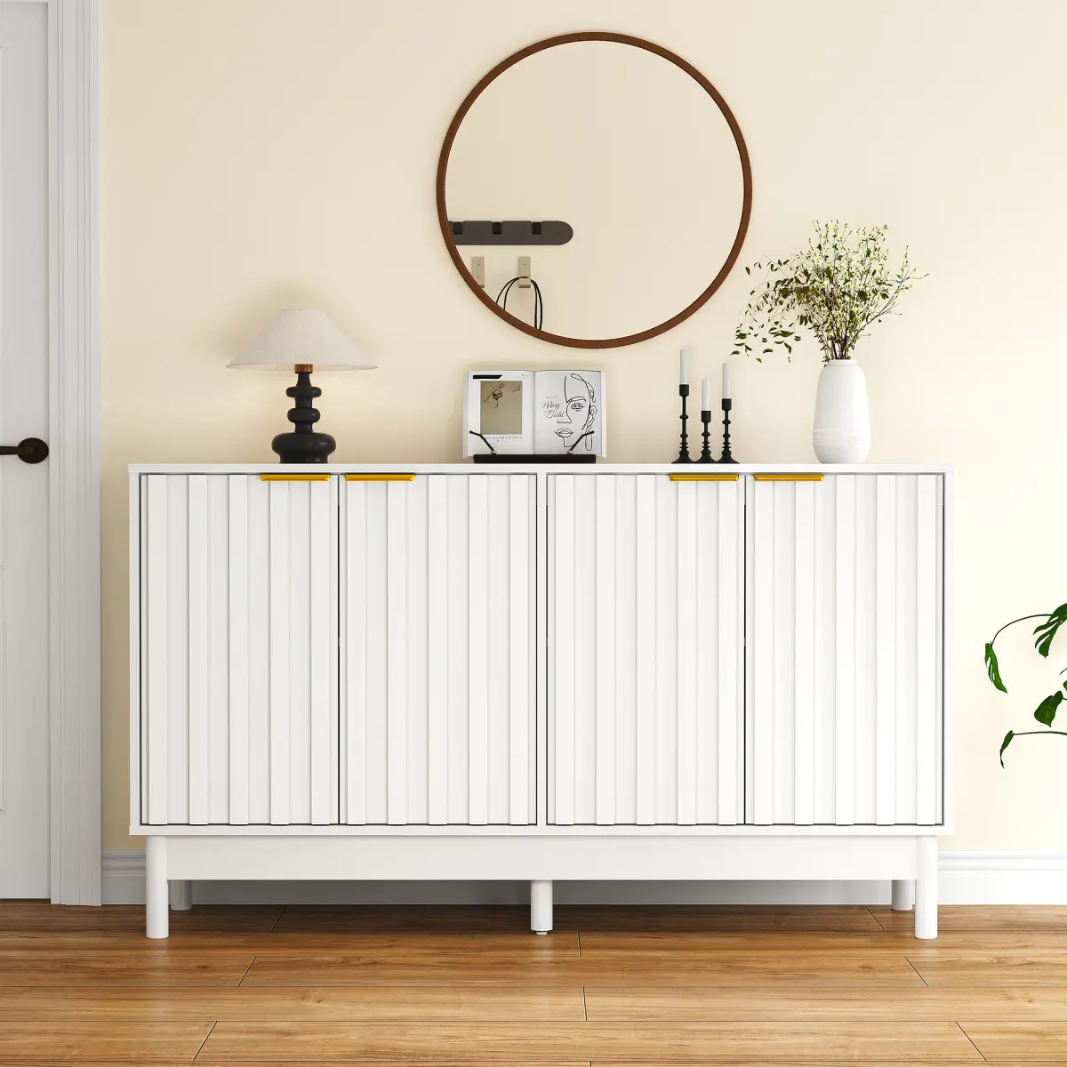 [Bellemave]55'' Buffet Cabinet with Fluted Door and Adjustable Shelves, Wood Credenzas Coffee Bar Cabinet with Edge Pull, Modern Sideboard for Kitchen, Dining Room, Living Room, White On-Site