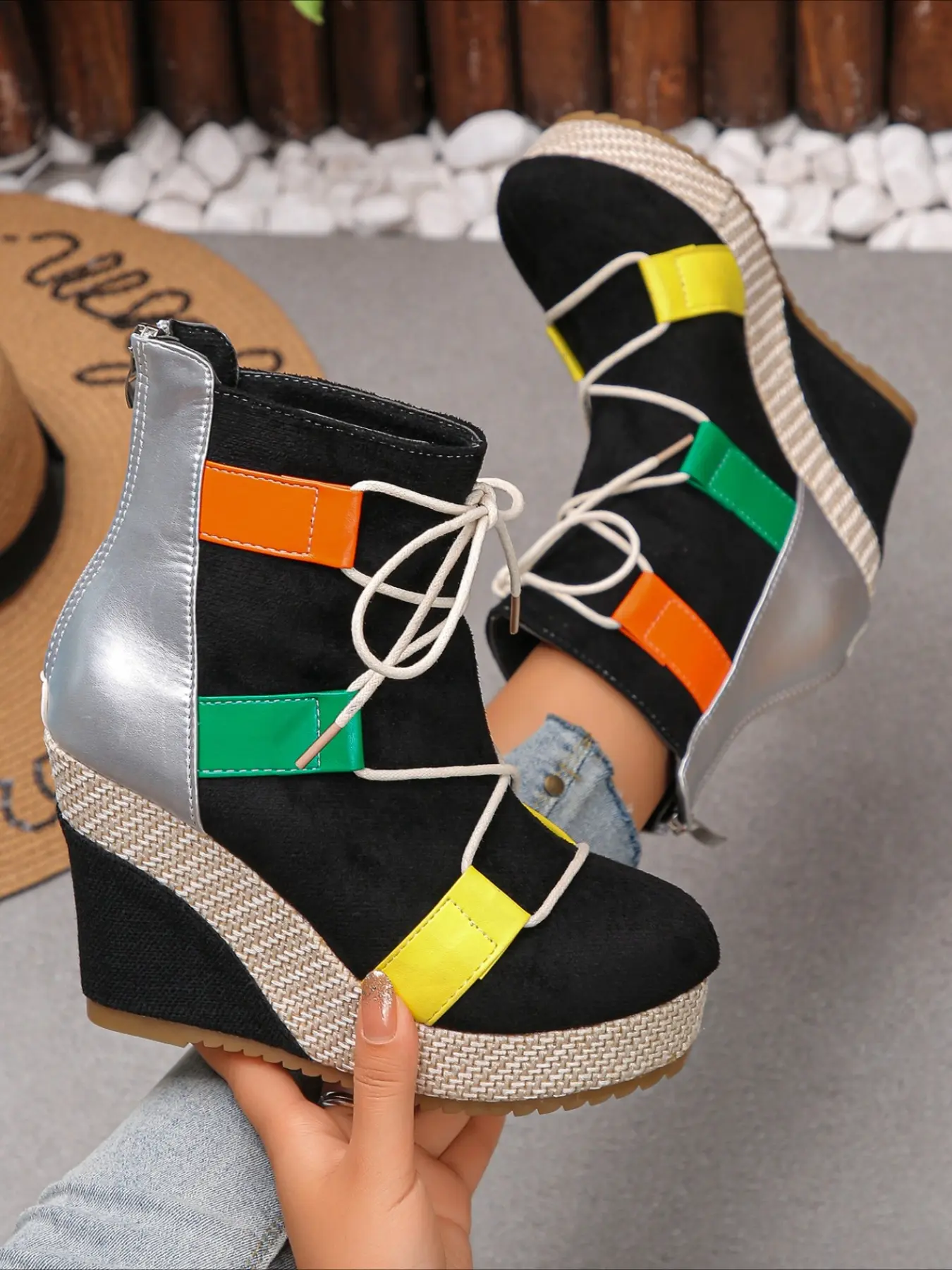 Color-block ribbon lace-up wedge ankle boots woven high sole silver panel trendy street casual women short boots