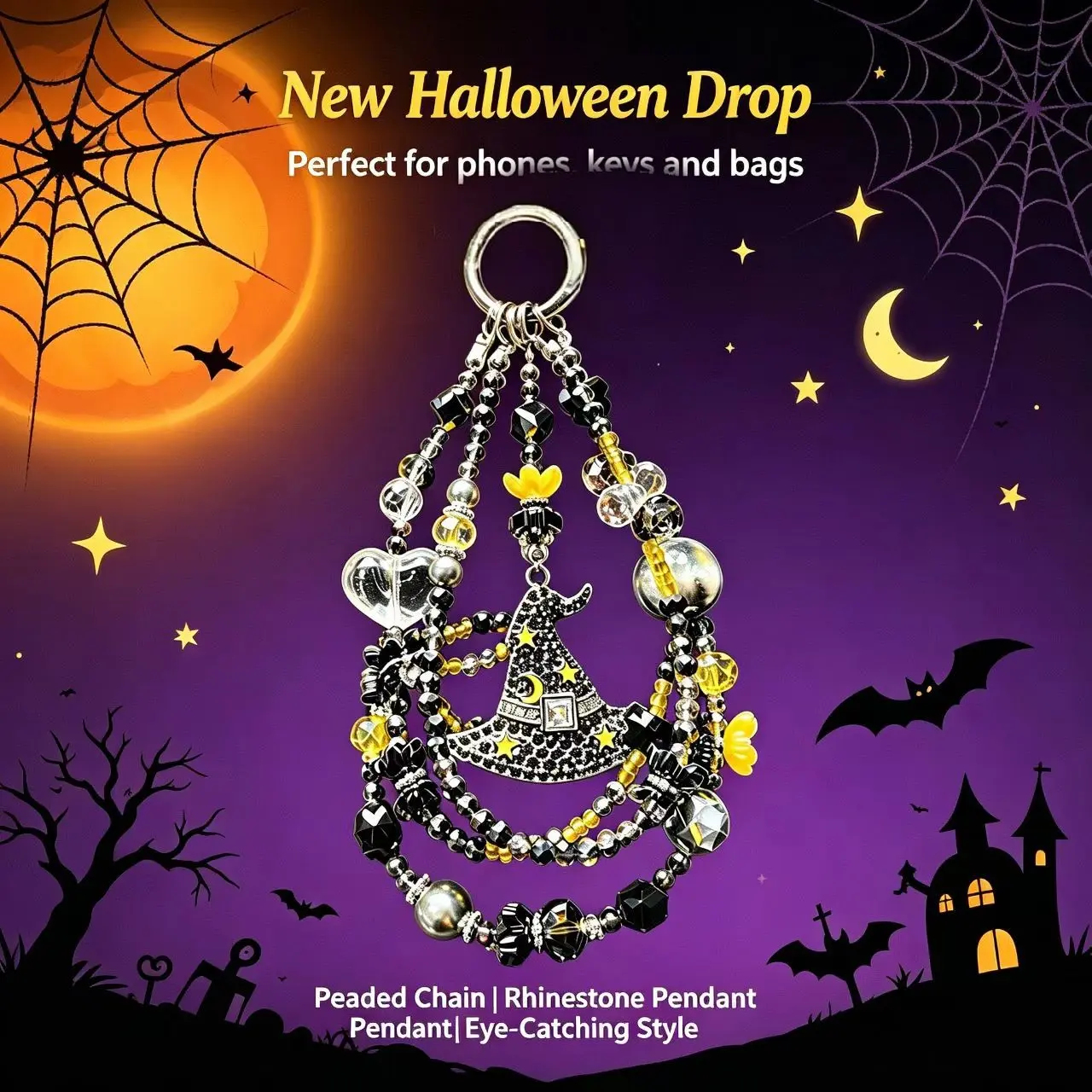 Halloween Rhinestone Skull Witch Hat Cat Handmade Bead Phone Charm, Multi-Layer Crystal Keychain, Y2K Gothic Halloween Accessory