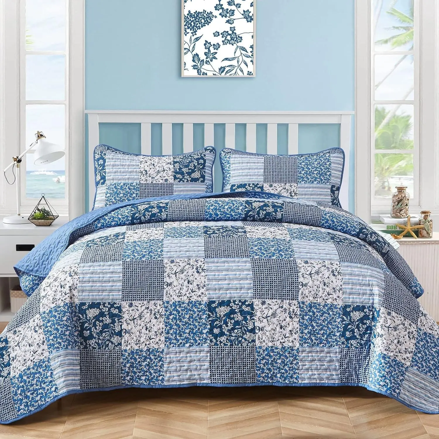 Blue Quilt Set California King, 3 Pieces Plaid Floral Bedspread Set Patchwork Reversible Bedding Set Microfiber Lightweight Bedspread Coverlet Set for All Season 110"x96"