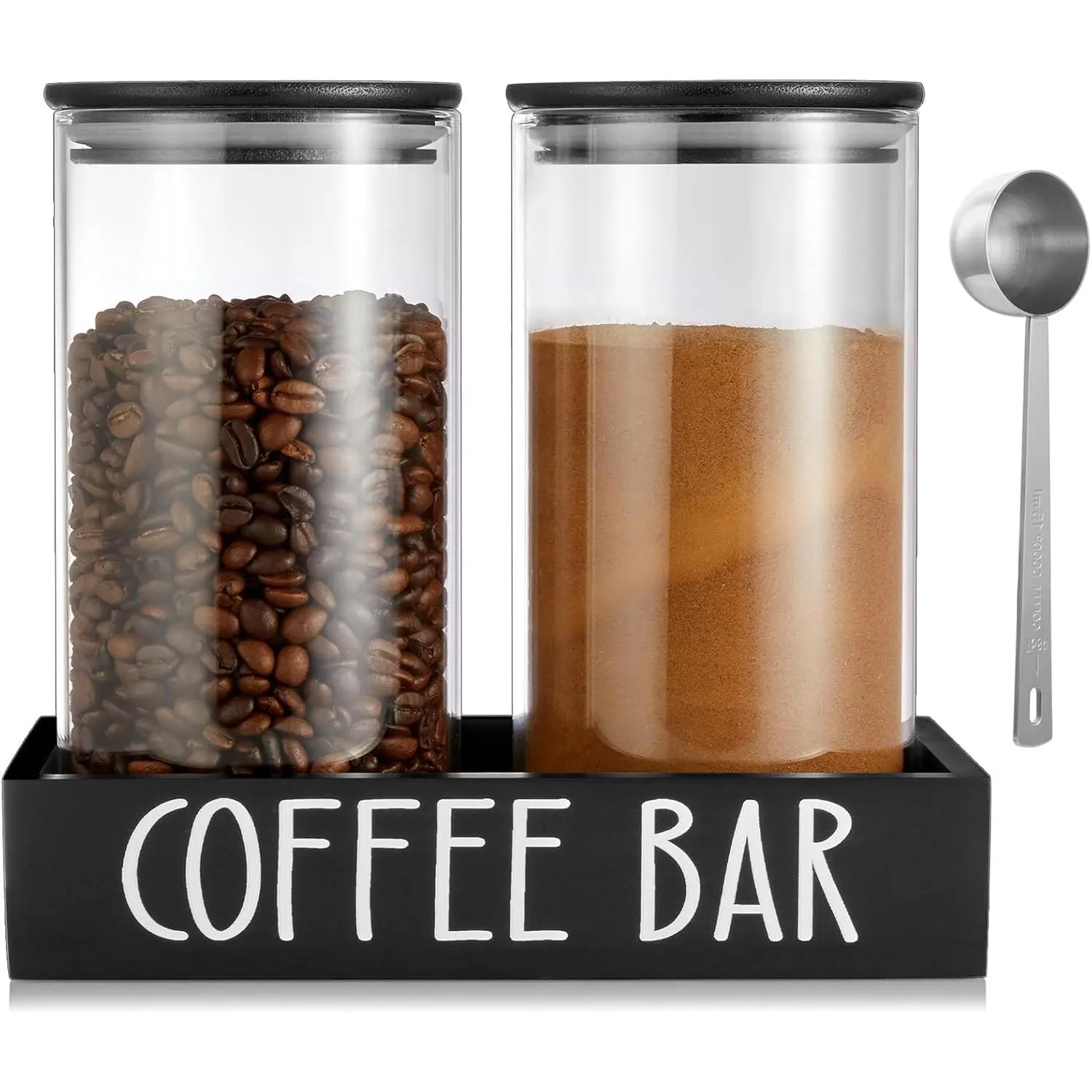Glass Coffee Canister for Ground Coffee - 2 count 45oz Coffee and Sugar Container Set with Airtight   and Black Tray -  Coffee Bean Storage Jars for Coffee Bar Decor and Accessories