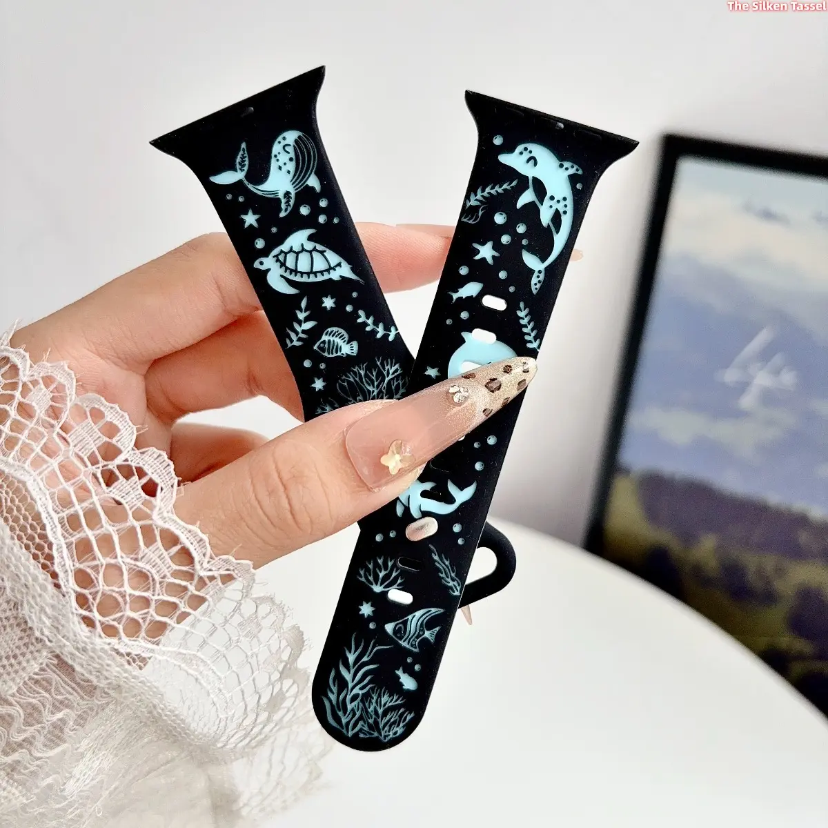 Ocean Animal Print Silicone Watch Band Compatible With Apple Watch Series11 10 9 8 7 SE Dolphin Turtle Whale Coral Underwater Pattern Soft Sport Replacement Strap iWatch Wristband For Women
