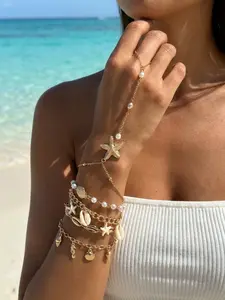 5-Piece Ocean Shell Starfish Wrist Chain Set, Bohemian Beach Vacation Style, Adjustable Pearl Bead Multi-Drop Bracelet, Women's Beach Travel Accessory