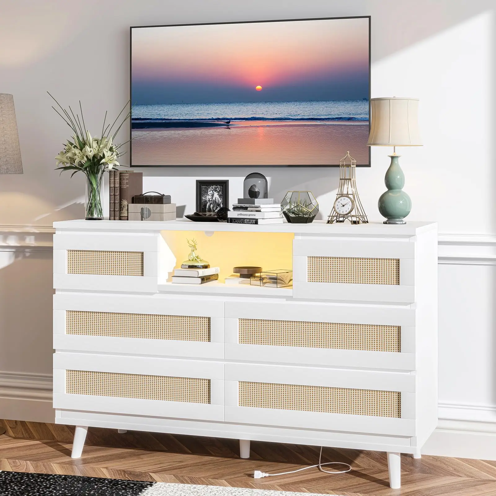 6 Drawer Rattan Dresser with Charging Station and LED Lights 47.2" Wide Wood Storage Tower Smart Bedroom Dresser TV Stand for 50 inch TV Modern Boho Dressers Clothing Organizer Cabinet for Nursery Living Room Entryway
